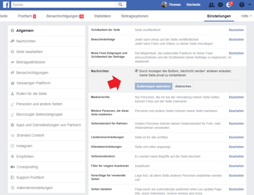 Nachrichten auf der Facebook Seite aktivieren