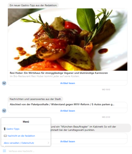 SZ Chatbot mit Menü