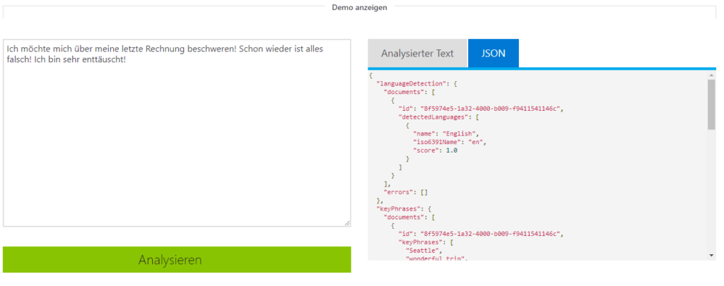 Microsoft Azure NLP Demo JSON