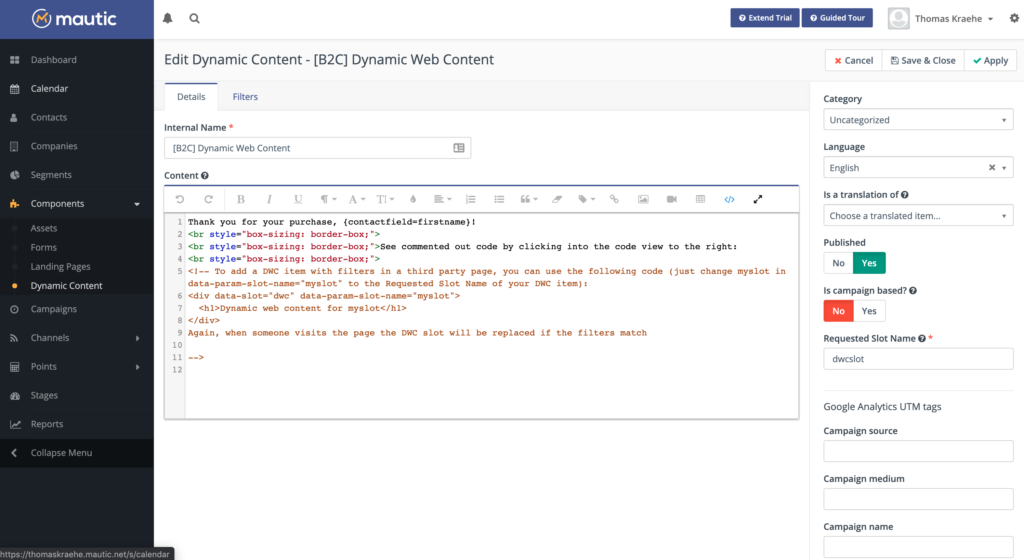Mautic Dynamischer Web Content