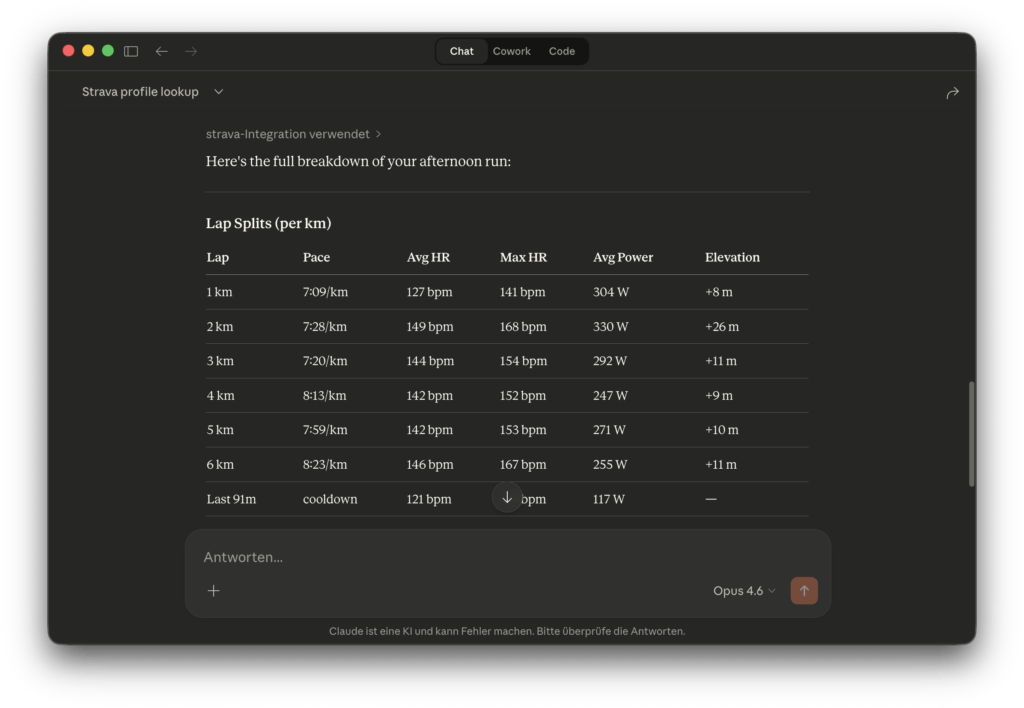 Details der Strava Aktivität im Claude Chat
