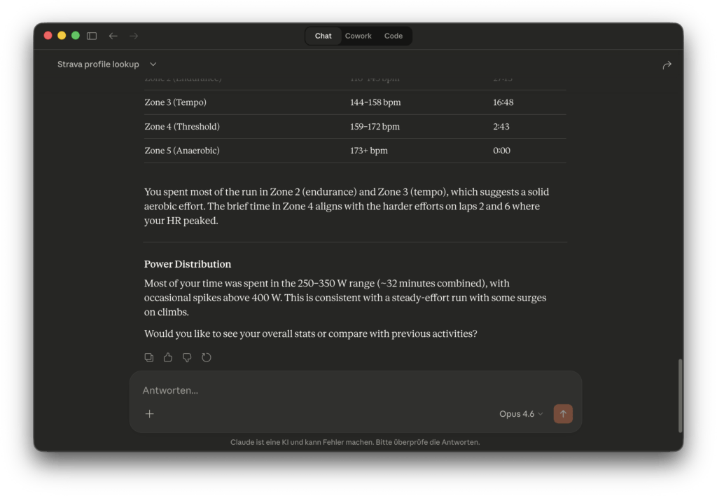 Weitere Details der Strava Aktivität im Claude Chat