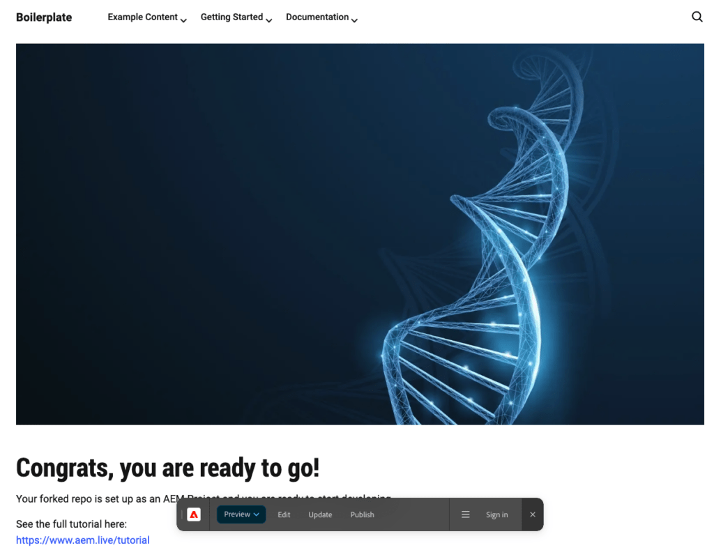 AEM EDS Boilerplate Website mit Sidekick Browser Extension