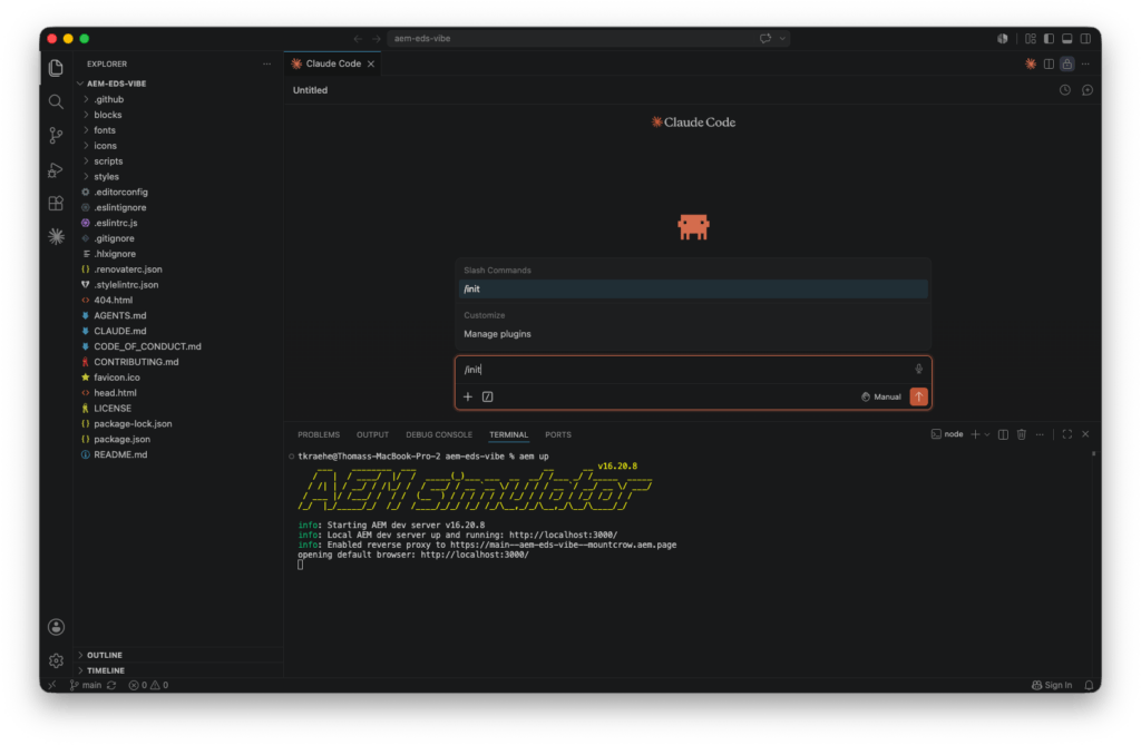 Claude Code in Visual Studio Code für AEM